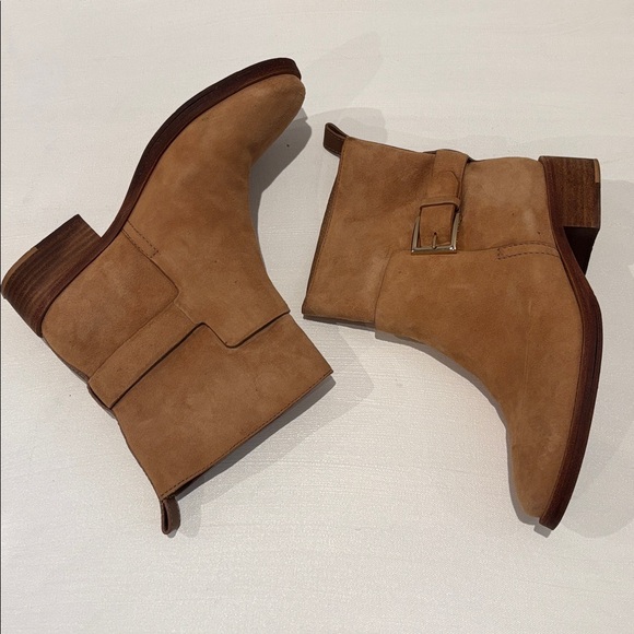 Tory Burch Gold Buckle Suede Booties in Camel - Picture 1 of 12